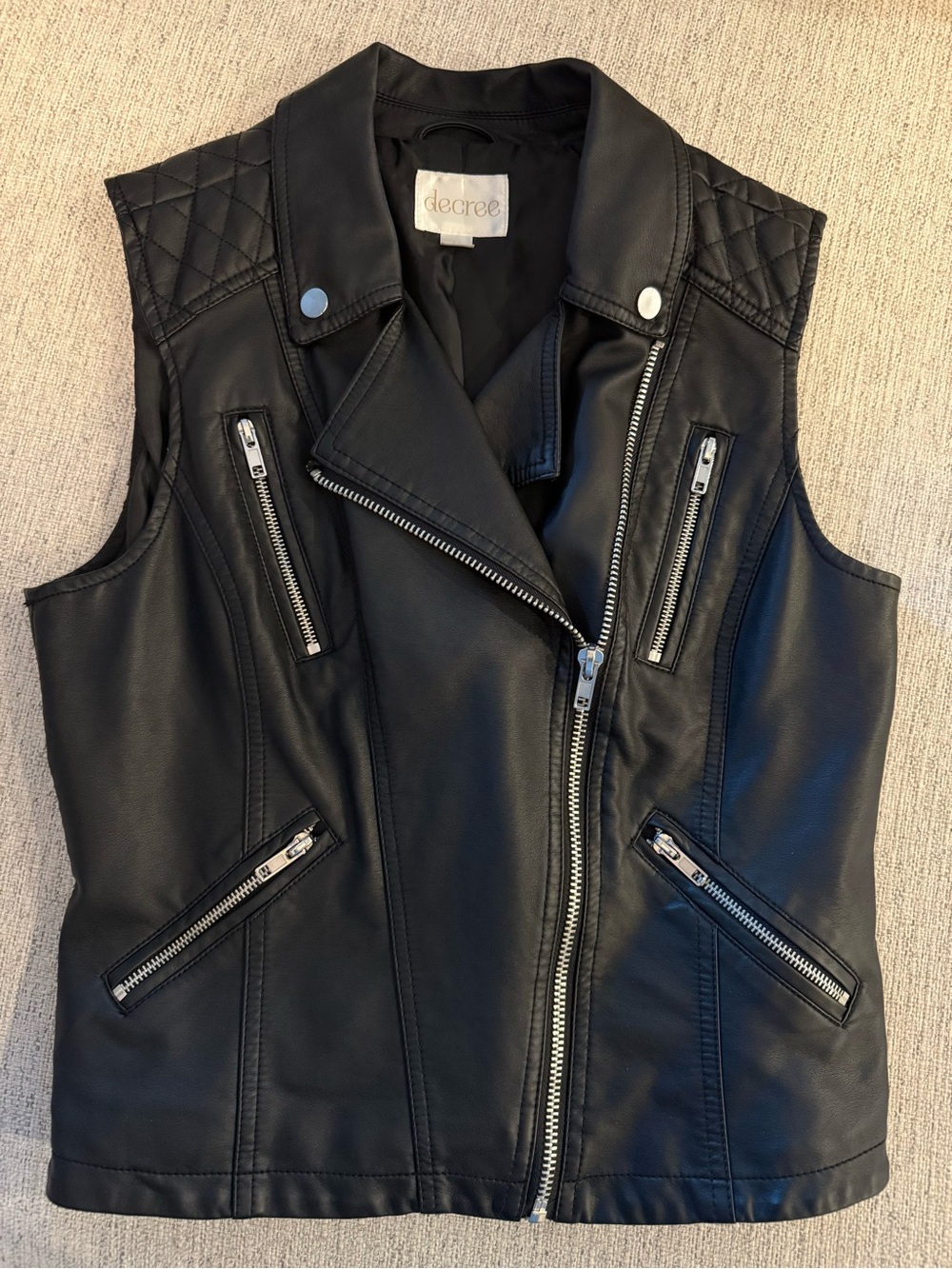 Decree Black Faux Leather Moto Vest with Quilted Shoulders